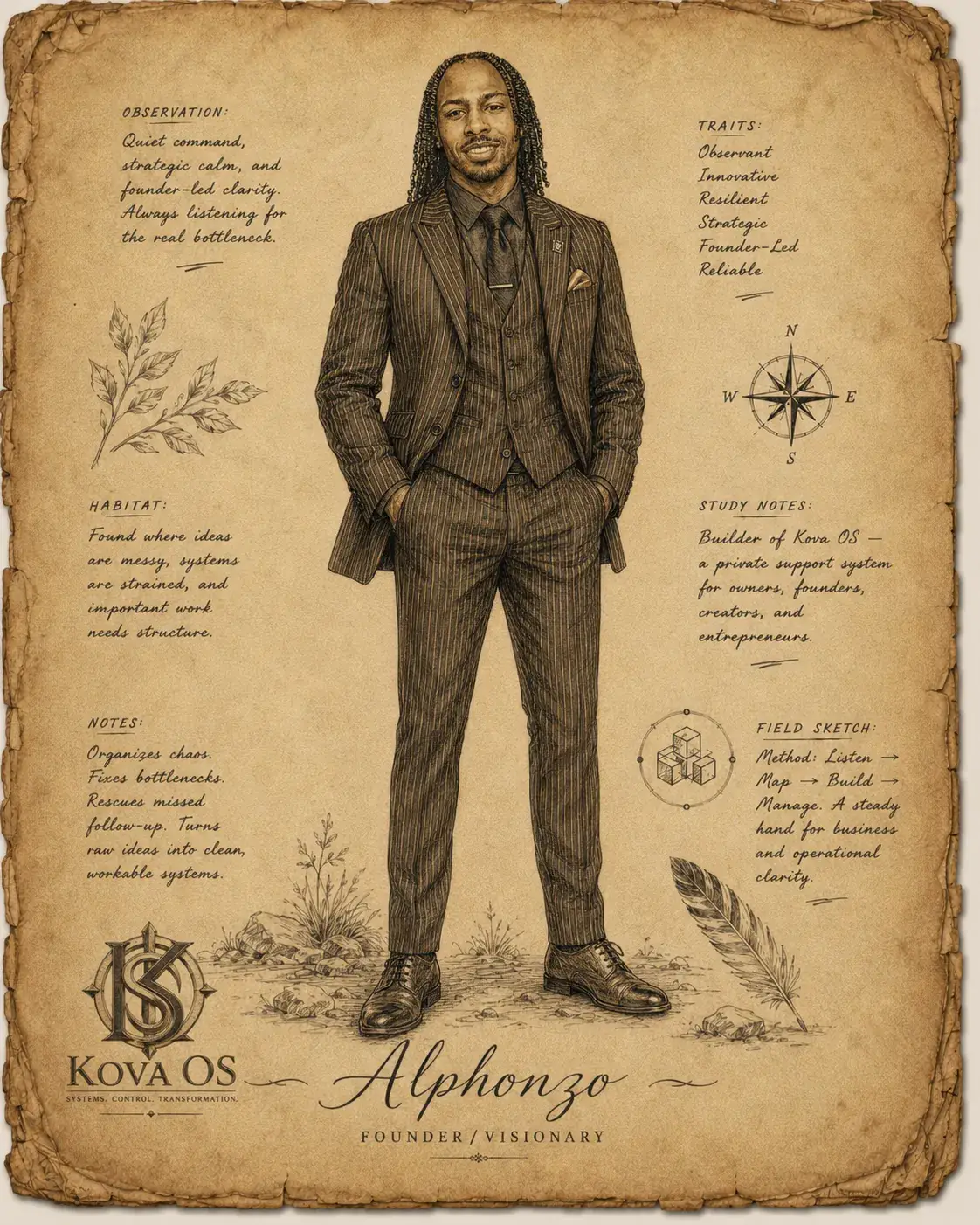 Illustrated field-guide portrait of Alphonzo Cirton, founder of Kova OS — Chicago.
